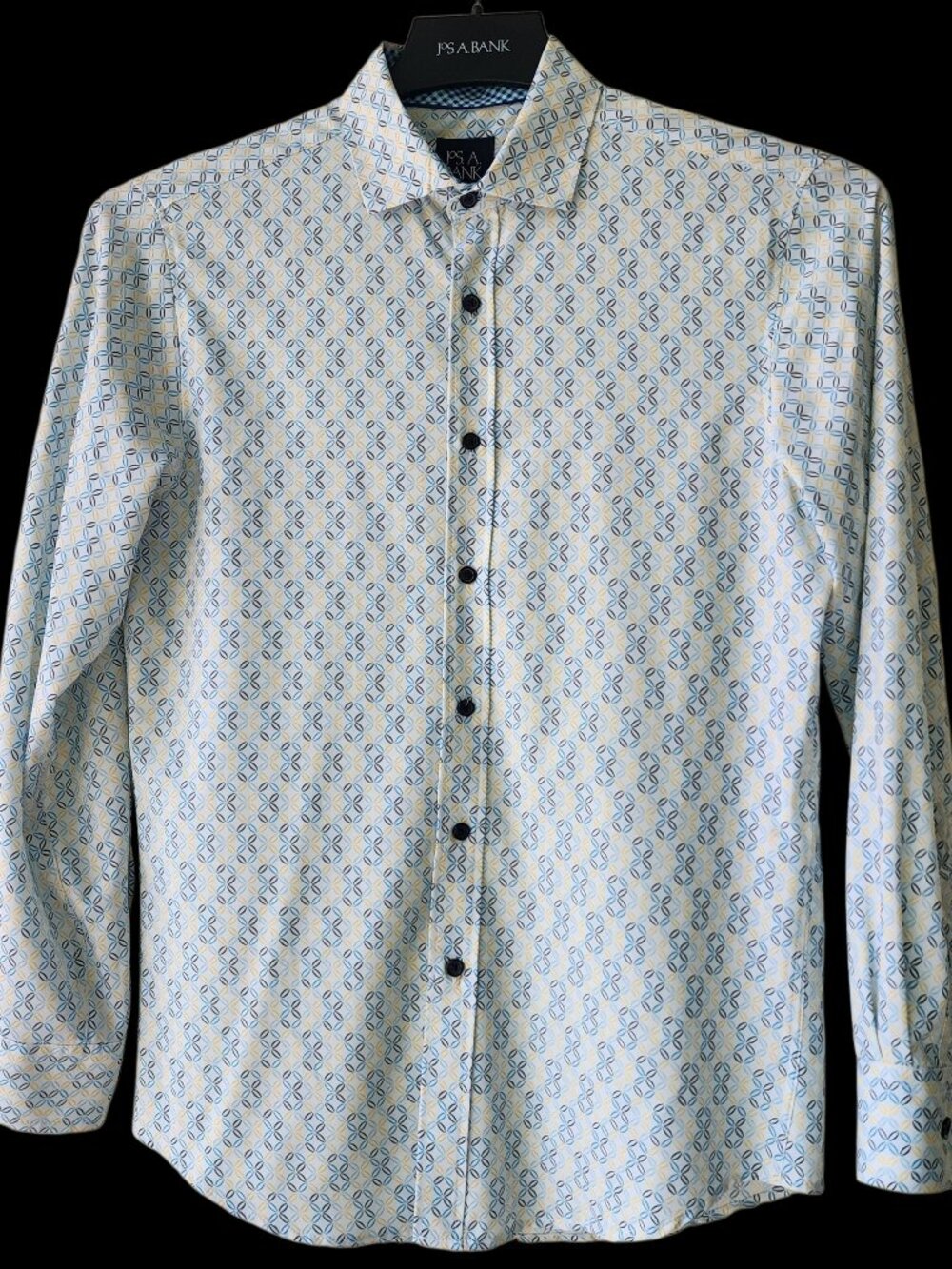 Small Traveler Shirt Mens White Yellow Blue Jos A Bank Performance Stretch Sz S